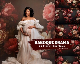 May include: A pregnant woman in a white lace gown stands in front of a floral backdrop. The backdrop features large pink and red roses with green leaves. The text "BAROQUE DRAMA 20 Floral Overlays by FOTOFANA" is visible at the bottom of the image.