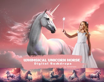 Puede incluir: Un unicornio blanco con una crin y cola rosadas galopa a través de un cielo nublado rosa y blanco. Una niña con un vestido blanco sostiene una varita y mira hacia arriba al unicornio. El texto "Whimsical Unicorn Horse Digital Backdrops by Fotofana" está en la parte inferior de la imagen.