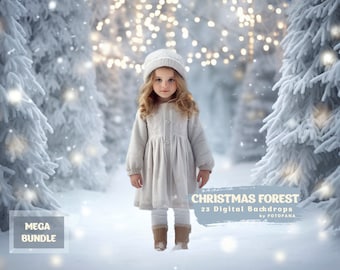 May include: A young girl wearing a white knitted hat and dress stands in a snowy forest setting. The trees are covered in snow and there are twinkling lights strung between them. The text "CHRISTMAS FOREST 23 Digital Backdrops by FOTOFANA" is visible in the lower right corner of the image.