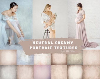 May include: A set of 10 neutral creamy digital backgrounds for portrait photography. The backgrounds are in various shades of beige, cream, and light blue. The backgrounds are perfect for adding a touch of elegance and sophistication to your portraits.