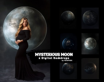 May include: A pregnant woman wearing a black dress stands in front of a large, blue and grey moon. The moon is surrounded by a dark, starry sky. The text "MYSTERIOUS MOON 8 Digital Backdrops by FOTOFANA" is written in white on a black background.