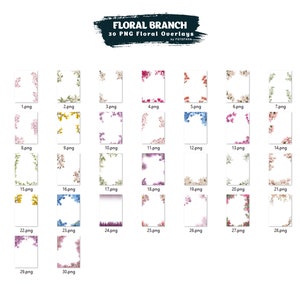 May include: A set of 30 digital floral branch overlays in PNG format. The overlays feature various floral designs in pink, blue, yellow, and green colors. The overlays are perfect for adding a touch of elegance and whimsy to your digital designs.