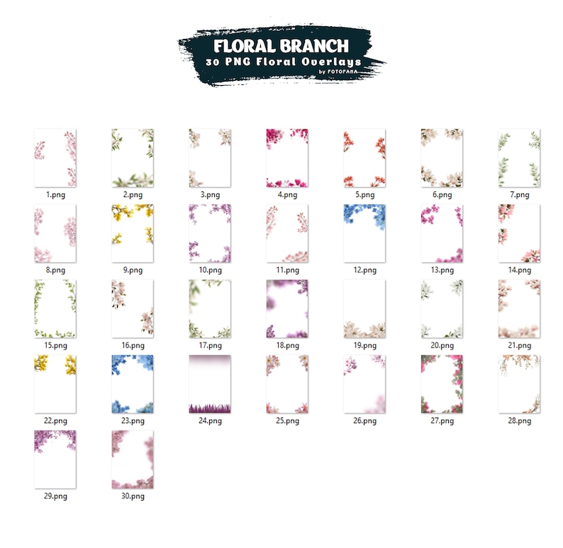 May include: A set of 30 digital floral branch overlays in PNG format. The overlays feature various floral designs in pink, blue, yellow, and green colors. The overlays are perfect for adding a touch of elegance and whimsy to your digital designs.