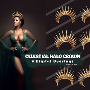 May include: Six digital overlays of a gold celestial halo crown with pointed spikes. The crown is a half circle shape with a row of pearls around the top edge. The crown is on a black background with white diagonal stripes.