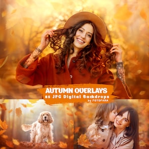 May include: An autumn-themed digital backdrop set with the text "AUTUMN OVERLAYS" and "85 JPG Digital Backdrops". The image features a woman in a rust-colored coat and hat, and two other autumn-themed images.