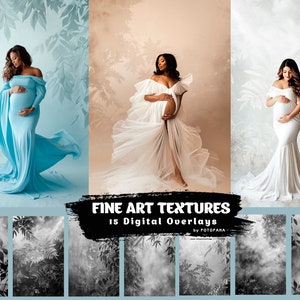May include: Three pregnant women in different coloured dresses pose in front of a backdrop with a leafy pattern. The backdrop is in shades of blue, beige, and white. The text "FINE ART TEXTURES 15 Digital Overlays by ROTOGRANA" is at the bottom of the image. Below the text are 5 black and white images of leaves and fog.