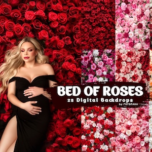 May include: A pregnant woman in a black dress lies on a bed of red roses. The image is a digital backdrop for photography, with the text "Bed of Roses 25 Digital Backdrops by Fotopara".
