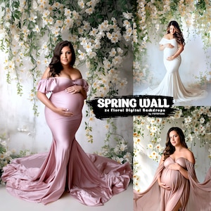 Könnte beinhalten: Drei schwangere Frauen in verschiedenen Farben gekleidet posieren vor einem floralen Hintergrund. Der Hintergrund zeigt weiße Blumen und grüne Ranken. Der Text "SPRING WALL 24 Floral Digital Backdrops by FOTOFANA" ist am unteren Rand des Bildes sichtbar.