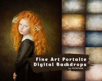 May include: A young girl with long, curly red hair wearing a black dress and a white lace collar. She is looking off to the side with a serious expression. The background is a textured, brown canvas. The image is labeled "Fine Art Portaite Digital Backdrops by FOTOFANA".