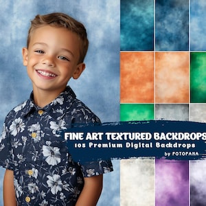 Puede incluir: Un niño sonriente con una camisa floral azul marino con botones dorados, sobre un fondo azul. La imagen muestra una variedad de fondos texturizados de arte fino en tonos de azul, naranja y verde. El texto dice "FINE ART TEXTURED BACKDROPS".
