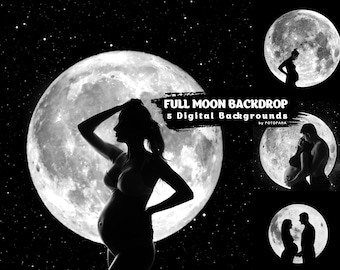 May include: Five black and white digital backgrounds featuring a full moon and silhouettes of couples. The text "FULL MOON BACKDROP 5 Digital Backgrounds by FOTOFANA" is at the top of the image.