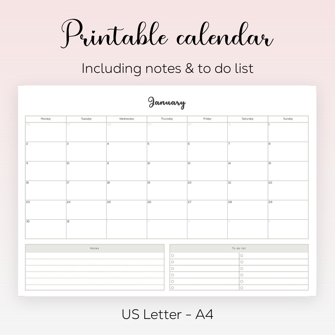 2023 Printable Calendar Notes & to Do List US Letter/a4 Size Direct