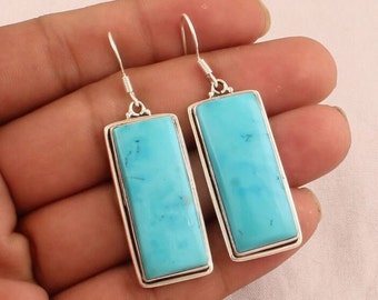 Solid 925 Sterling Silver Turquoise Earrings For Women, Handmade Bar Rectangle Gemstone Earrings Gifts Idea For Bridesmaid Wedding Jewelry