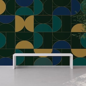 Vintage grün blau und gelb, geometrische Tapete, Schälen und aufkleben, Abnehmbares Papier oder Traditionelle Vinyl Tapete, Art Deco, Raumdekor, #G9