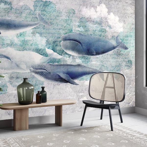 Whales in the ocean, fish wallpaper, peel and stick , removable, paper or traditional vinyl, exclusive mural, room decor, #W1