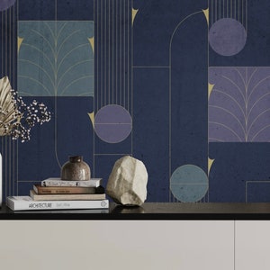 Art-Deco-Marineblau Tapete, Luxus-Stil, exklusive Tapete, Papier schalen und aufkleben entfernbares oder traditionelles Vinylwandbild, Raumdekor, # G7
