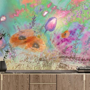 Tapete mit bunten Blumen, Blumen zum Aufkleben, Papier dekorieren, Blumen Tapete, Vintage Tapete, Blumen Tapete, #C22