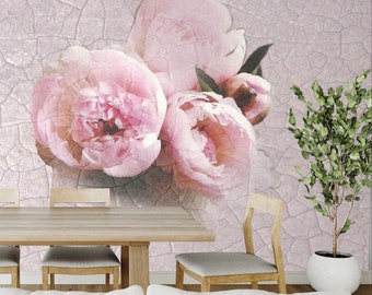 Rosa Pfingstrosen Wallpaper, botanische Tapete, abziehbares Papier oder traditionelle Vinyltapete abziehen und aufkleben, exklusives Wandbild, Raumdekor, #P7