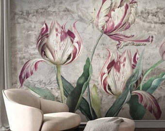 Red and White Tulips Wallpaper, Botanical Floral Mural, Peel and Stick