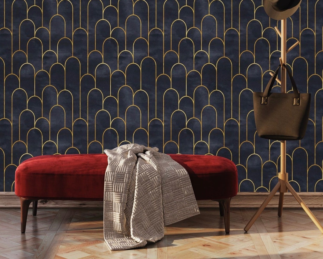 Vintage Art Deco Wallpaper, Dark Blue and Yellow Geometric Wallpaper