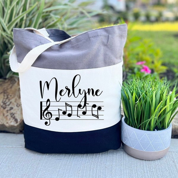 Personalized Name Music Tote Bag, Music Teacher Gift Bag, Musician Tote Bag, Music Lesson Canvas Bag, Gift For Mother's Day, Piano Tote Bag