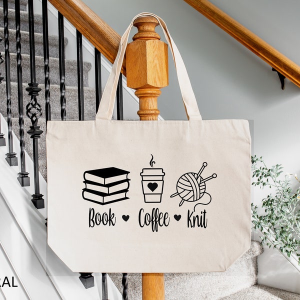 Book Coffee Knit Zippered Tote Bag, Coffee Lover Bag, Gift For Bookworm, Knitting Lover Zippered Bag, Custom Hobby Bag, Shopping Tote Bag