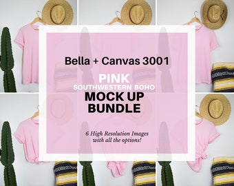 Mockup Bundle | Bella Canvas 3001 Pink Mockup | T-shirt Options Mockups | Hanging Flat Lay Mockup | Southwestern Boho Style | MEN + WOMEN