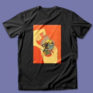 May include: A black t-shirt with a graphic of a hand opening a can of soup. The can contains a person lying down inside the soup.