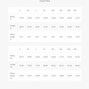May include: Unisex T-Shirt size chart with measurements in inches and centimeters. The chart shows the width, length, and sleeve length for sizes S through 5XL.