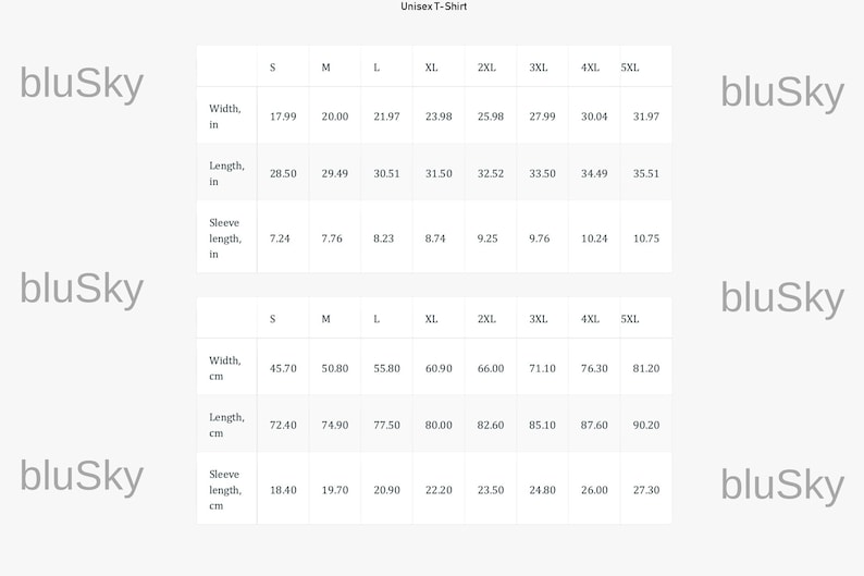 May include: Unisex T-Shirt size chart with measurements in inches and centimeters. The chart shows the width, length, and sleeve length for sizes S through 5XL.
