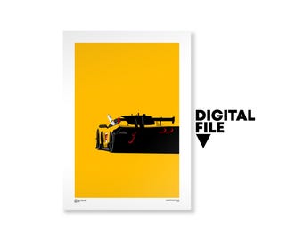 May include: A digital file print featuring a stylized illustration of a yellow and black race car against a yellow background. The car has red accents and a spoiler. The words "DIGITAL FILE" are printed in black.