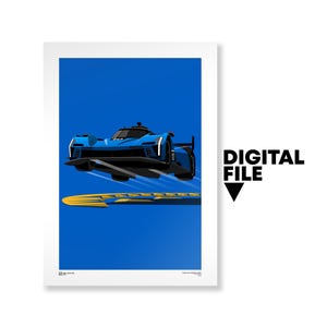 Puede incluir: Un coche de carreras azul con una franja amarilla en la parte inferior está volando por el aire. El coche está sobre un fondo azul.