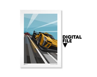 May include: A yellow race car with black accents speeds down a track. The car is in the foreground and a red car is visible in the background.