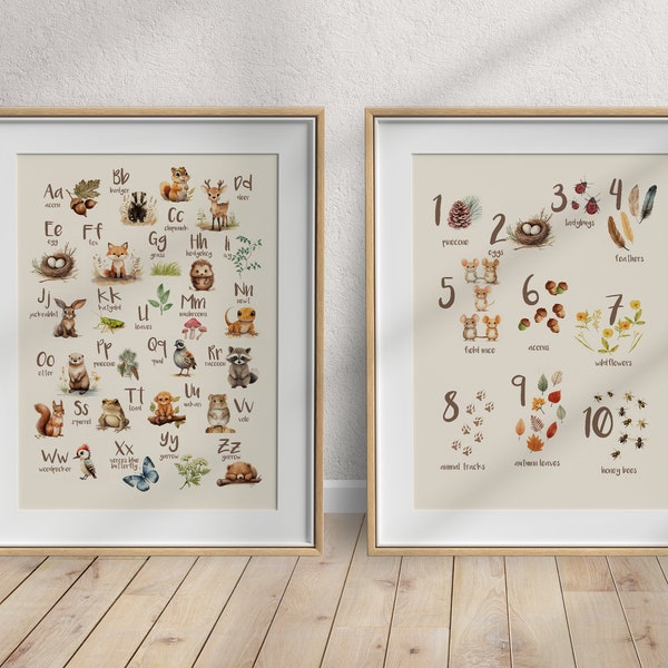 Set of 2 Prints, Woodland ABC, Woodland Alphabet Print, Woodland Numbers, Alphabet Printable, ABC Poster, ABC Printable, Printable Art