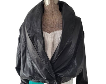 Vintage 80s oversized cropped black leather jacket