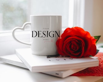 2 x Minimalistic White Mug MockUp Coffee Cup Mock up Rose Flower Mock Up Heart Couples Coffee Cup Mockup Sublimation JPG Digital Download