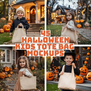 45 x kinderdraagtasmodel natuurlijk Halloween-canvas grote ecotasbundel tasmodelbundel natuurlijk grote tassenmodel Mockup Halloween-model