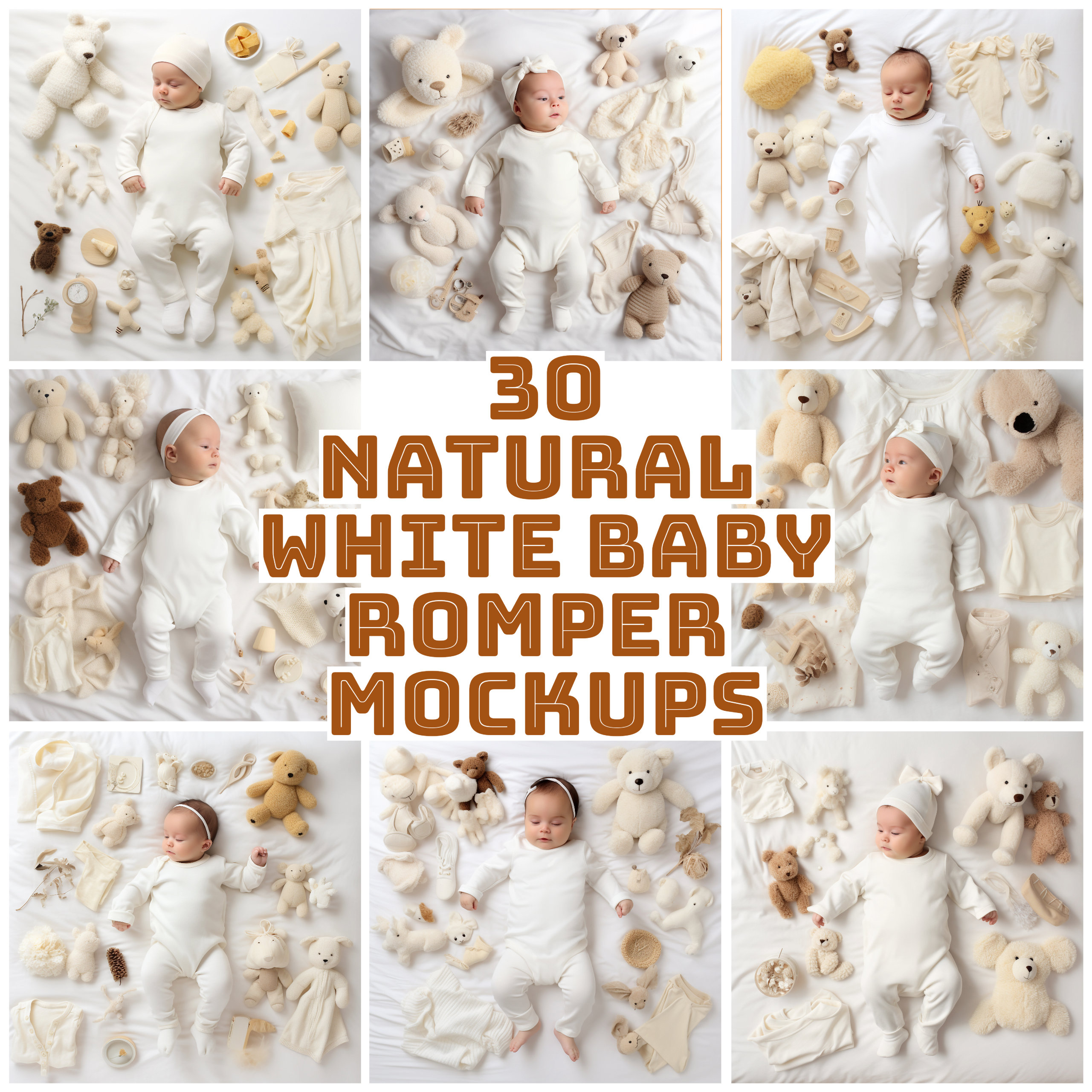 30 x Natural White Baby Romper Mockup, White Bodysuit Mockup Bundle, Babies Bodysuit Mockup, Boho Babies Bodysuit Mockup, Baby Romper Mockup