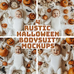 4 x Halloween Baby Body Mockup, Pacchetto di mockup di body bianco, Mockup di body per neonati, Mockup di body per neonati di Halloween, Halloween rustico