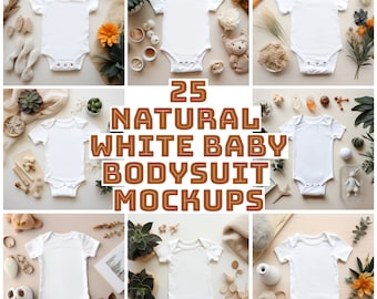 25 x Natural White Baby Bodysuit Mockup, White Bodysuit Mockup Bundle, Babies Bodysuit Mockup, Boho Bodysuit Mockup, Baby Mockup Bundle