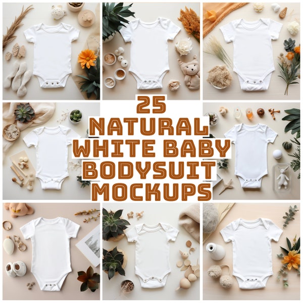 25 x Natural White Baby Bodysuit Mockup, White Bodysuit Mockup Bundle, Babies Bodysuit Mockup, Boho Bodysuit Mockup, Baby Mockup Bundle