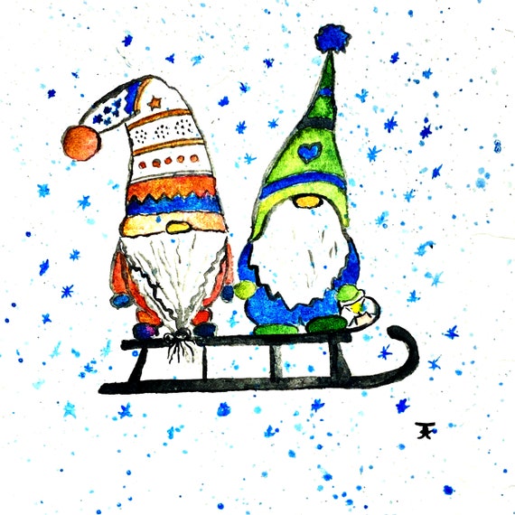Gnomes, original handmade watercolor as a Christmas card, to be printed out as a personal gift
