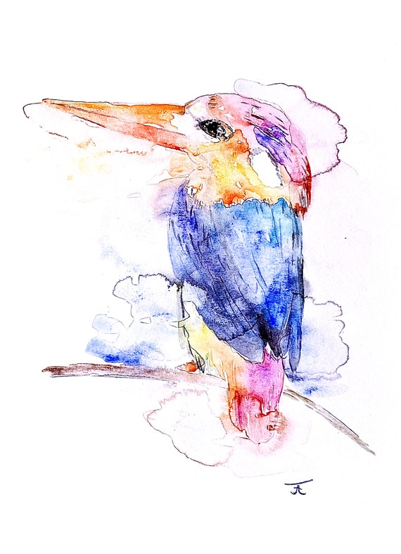 Watercolor painting to print yourself, directly from the artist, cute bird, wall decoration, art print