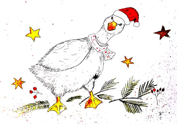 funny Christmas goose, original hand-painted watercolor as a Christmas card to print out