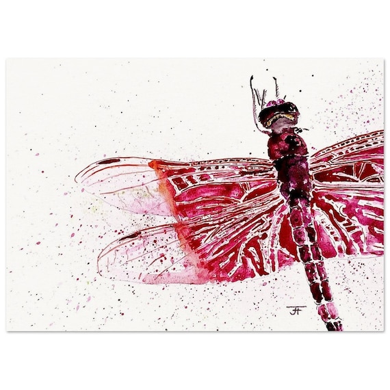 hand painted watercolor, directly from the artist, art print, red dragonfly, wall decoration, poster, card, gift