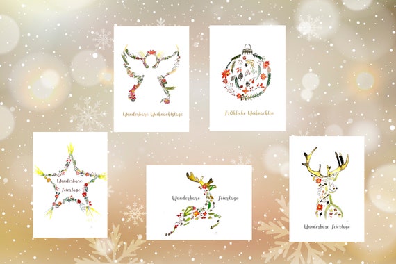 5 sweet floral Christmas cards, original hand-painted watercolors, to print out, to give as gifts