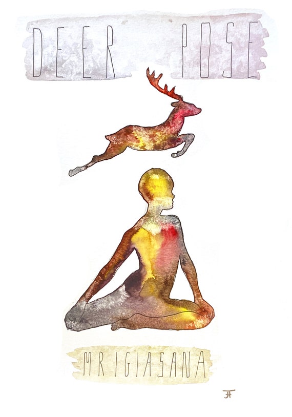Watercolor picture to print yourself, directly from the artist, yoga, deer pose, wall decoration, fine art print