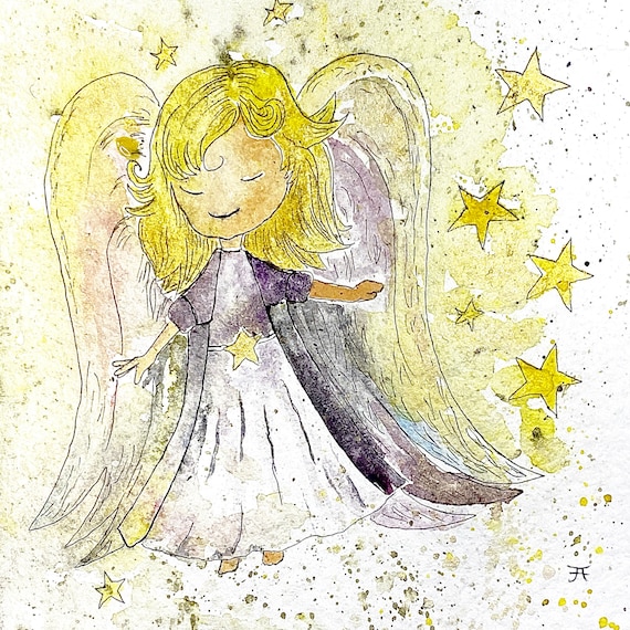 sweet Christmas angel, original hand-painted watercolor as a Christmas card to print out