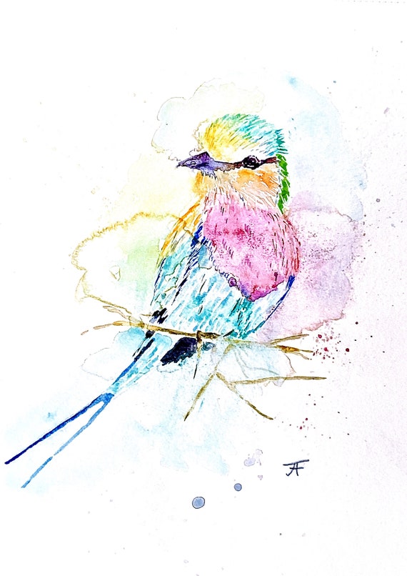 Original Watercolor Digital Print Cute Colorful Bird Art Print Handmade Digital Download Nature Wall Decor Design Insect Art