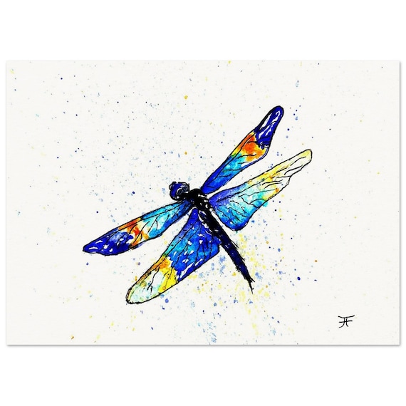 hand painted watercolor, directly from the artist, art print, colored dragonfly, wall decoration, poster, card, gift
